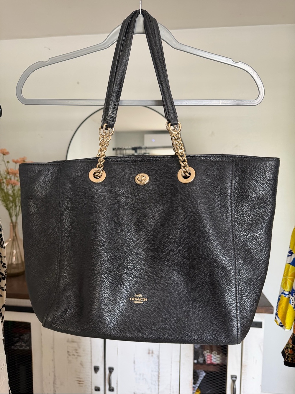 Coach Black Pebbled Leather Tote with Gold Chain Handles